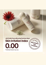 Two bottles of Jakyoung Peona Blooming Feminine Wash with a red flower and white flowers on a beige background.