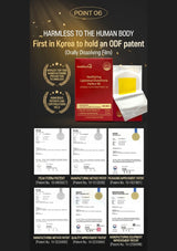 A promotional infographic for a red and white dissolving film patch package, featuring patent documents, gold award seals, and text claiming it is harmless to the human body and first in Korea to hold an ODF patent.
