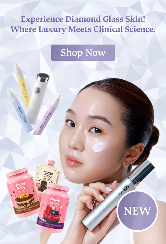 A promotional skincare ad featuring a woman holding a silver cosmetic device and applying cream to her face, with floating skincare products including a white wand, colorful tubes, and pink Shake Beauty pouches. Text at the top reads 'Experience Diamond Glass Skin! Where Luxury Meets Clinical Science.