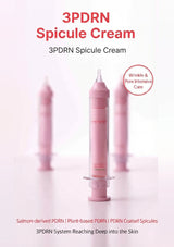 A cosmetic product labeled '3PDRN Spicule Cream' shown on a clean white background with a central pink syringe-style applicator and two blurred pink syringes behind it. Red and black text appears at the top and bottom, with a circular badge reading 'Wrinkles & Pore Intensive Care'.