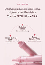Pink skincare product tubes arranged on a pale pink background with marketing text about a 'Triple PDRN System' and labeled steps for botanical, salmon-derived, and coated PDRN.