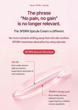 A pink promotional graphic for 3PDRN Spicule Cream, featuring text about enhanced absorption and a translucent spicule illustration with callouts explaining the spicule and coating layer.