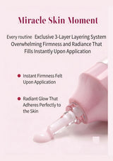 A pink cosmetic dropper bottle with a clear applicator tip dispensing pale pink cream on a light pink background, accompanied by promotional text reading 'Miracle Skin Moment' and bullet points about instant firmness and radiant glow.