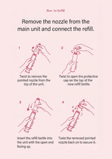Instruction diagram titled 'How To Refill' showing four numbered steps with hand illustrations and text for removing the nozzle from a main unit and connecting a refill bottle, on a pale pink background.