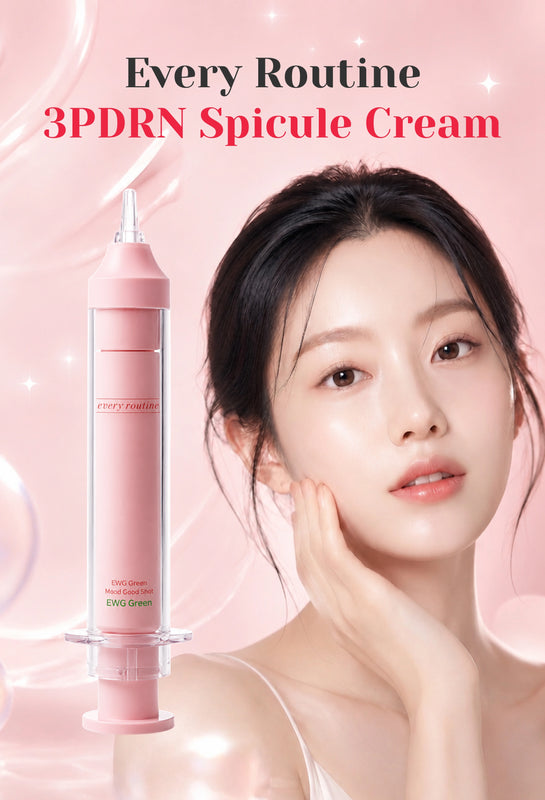 A pink cosmetic cream syringe-style tube labeled 3PDRN Spicule Cream is shown beside a woman touching her face, with the text 'Every Routine 3PDRN Spicule Cream' on a soft pink background.