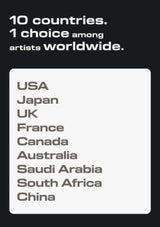 A minimalist graphic with a black background, white headline text reading '10 countries. 1 choice among artists worldwide.