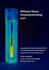 A sleek cylindrical lighter with a blue cap and glowing blue-to-yellow heat-map style graphic showing the heating element inside, set against a dark navy background with promotional text about flame-free curl.
