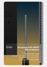 A close-up product shot of a hair brush head and its control panel. The brush has a long, thin metallic bristle with a spiral design on the right side.