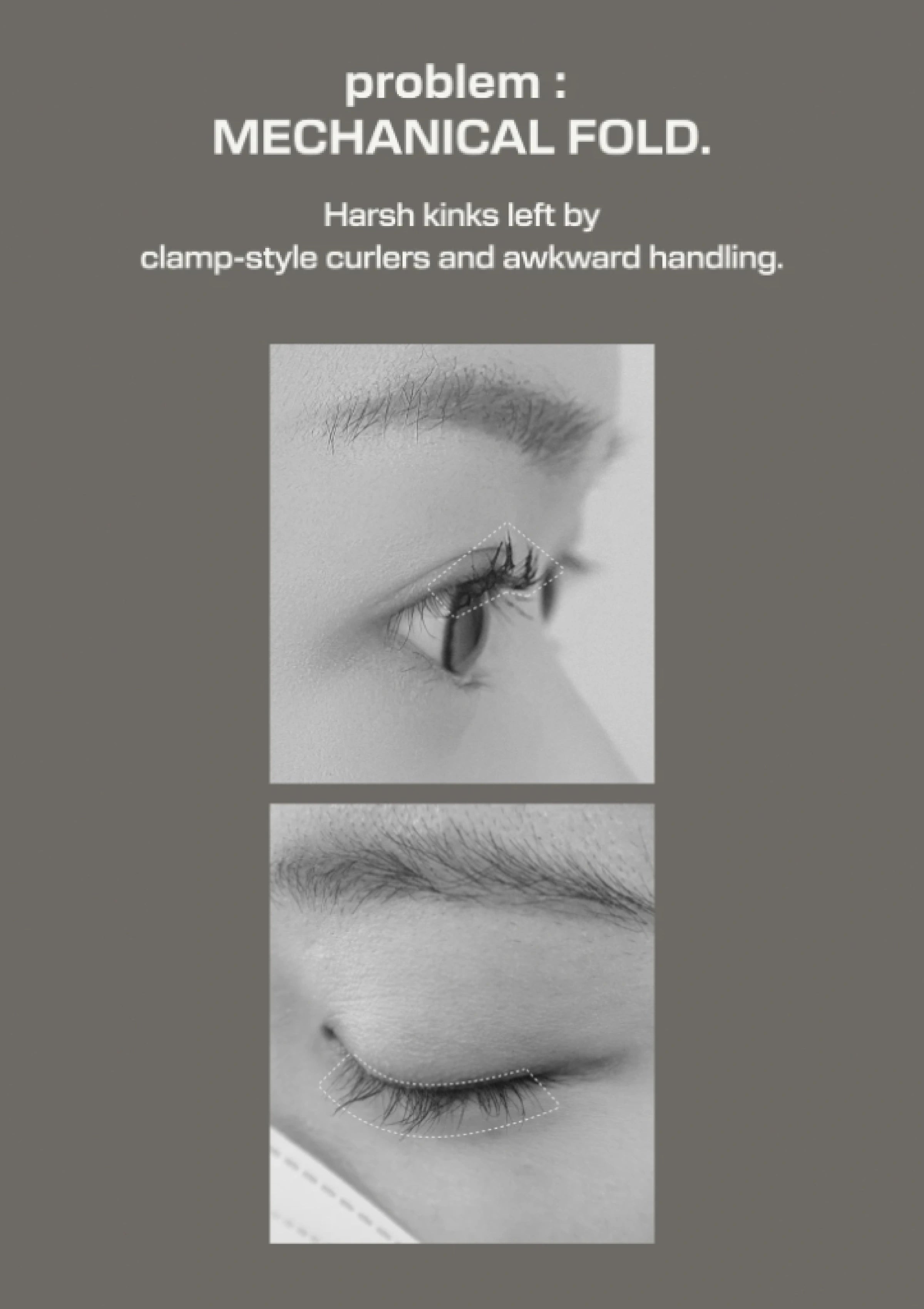 Comparison showing a sharp mechanical bend left by clamp-style eyelash curlers
