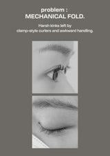 A gray informational graphic with text reading 'problem : MECHANICAL FOLD.' and a small black-and-white close-up of an eye showing a kinked eyebrow/lash area, plus a second close-up below showing the eyelash area.
