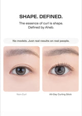 A before-and-after comparison graphic showing the effect of an all-day curling stick on eyelashes. The left panel shows a non-curl lash look labeled 'Non-Curl', and the right panel shows a curled lash look labeled 'All-Day Curling Stick'.