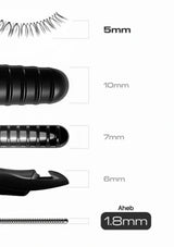 A technical size diagram showing different tip diameters of a black personal massager: 5mm, 10mm, 7mm, 6mm, and 1.8mm, with corresponding cross-section views and labels on a white background.