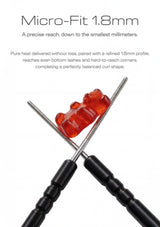 Micro-Fit 1.8mm curling iron tips shown holding a red gummy bear on a white background with descriptive text above.