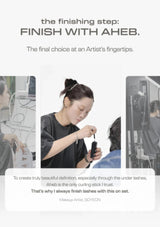 A promotional graphic with the headline 'the finishing step: FINISH WITH AHEB.' above three photos of a woman working on eyelash curling or application.