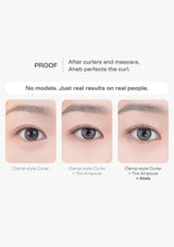 Three close-up eye result photos labeled for different curl styles and curling ampoule combinations, with text above reading 'PROOF' and 'After curlers and mascara, Aheb perfects the curl.' and 'No models.