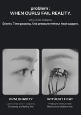 Promotional graphic for an eyelash curler, showing a side-by-side comparison. The left panel, labeled '3PM GRAVITY', shows a close-up of a person's eye with eyelashes drooping under gravity.