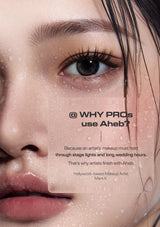 Close-up of a woman's face with water droplets, showing her eye, eyebrow, lips, and forehead. A translucent text box over the center reads '@ WHY PROCs use Aheb?' with a quote below and the name Marc K at the bottom.