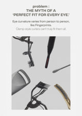 An informational graphic with text at the top reading 'problem : THE MYTH OF A PERFECT FIT FOR EVERY EYE.' and smaller copy below, above a collage of eye curler tools on a light gray background.
