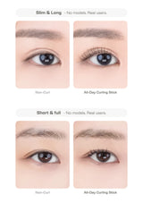 A comparison chart showing four close-up eye photos labeled for Slim & Long and Short & full eye shapes, with Non-Curl and All-Day Curling Stick results. The image demonstrates the effect of a lash curling product on real users.