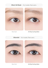 A comparison chart showing close-up views of human eyes demonstrating the effect of an eyelash curling product. The top row shows 'Short & Weak' lashes with 'Non-Curl' and 'All-Day Curling Stick' results.