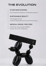 A matte black dog-shaped smart candle holder with a rectangular smart speaker mounted on its back, set against a light gray background with descriptive text about its features.