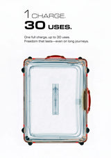 A clear hard-shell suitcase or storage case with red trim and black wheels, shown from above on a white background with marketing text reading '1 CHARGE. 30 USES.