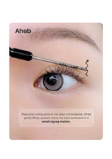 Instruction card showing how to use an eyebrow brow lamination curling stick on an eye, with the brand name 'Aheb' at the top and step-by-step usage instructions at the bottom.