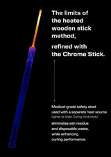 A single curved medical-style heating stick shown on a black background with white explanatory text. The product appears translucent blue to purple with a glowing orange tip, and the text highlights a refined chrome-stick design with medical-grade safety steel and separate heat source.