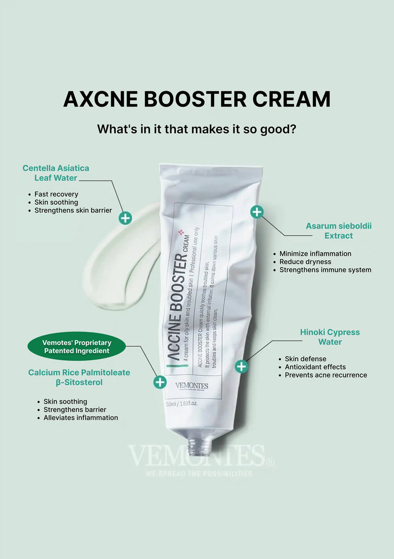AXCNE Booster Cream packaging with ingredient list on a light green background