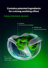 Diagram of a plant cell with labeled components and text about patented ingredients for a strong soothing effect.