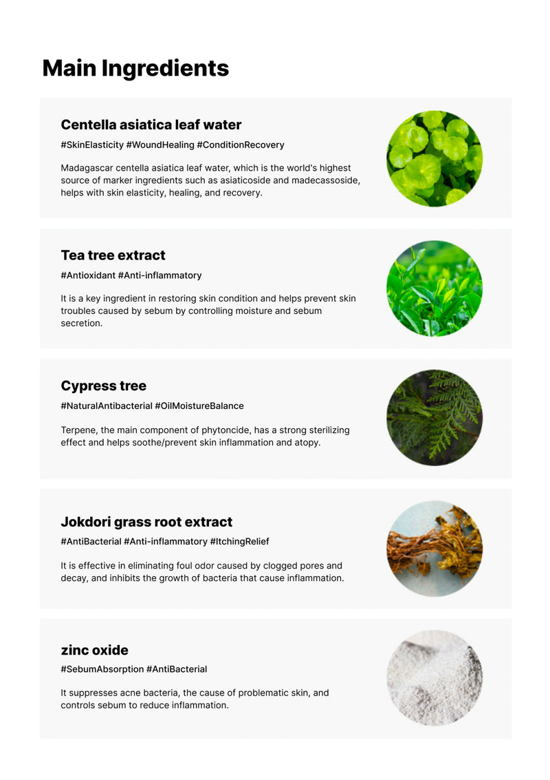 List of skincare product ingredients with corresponding images on a white background