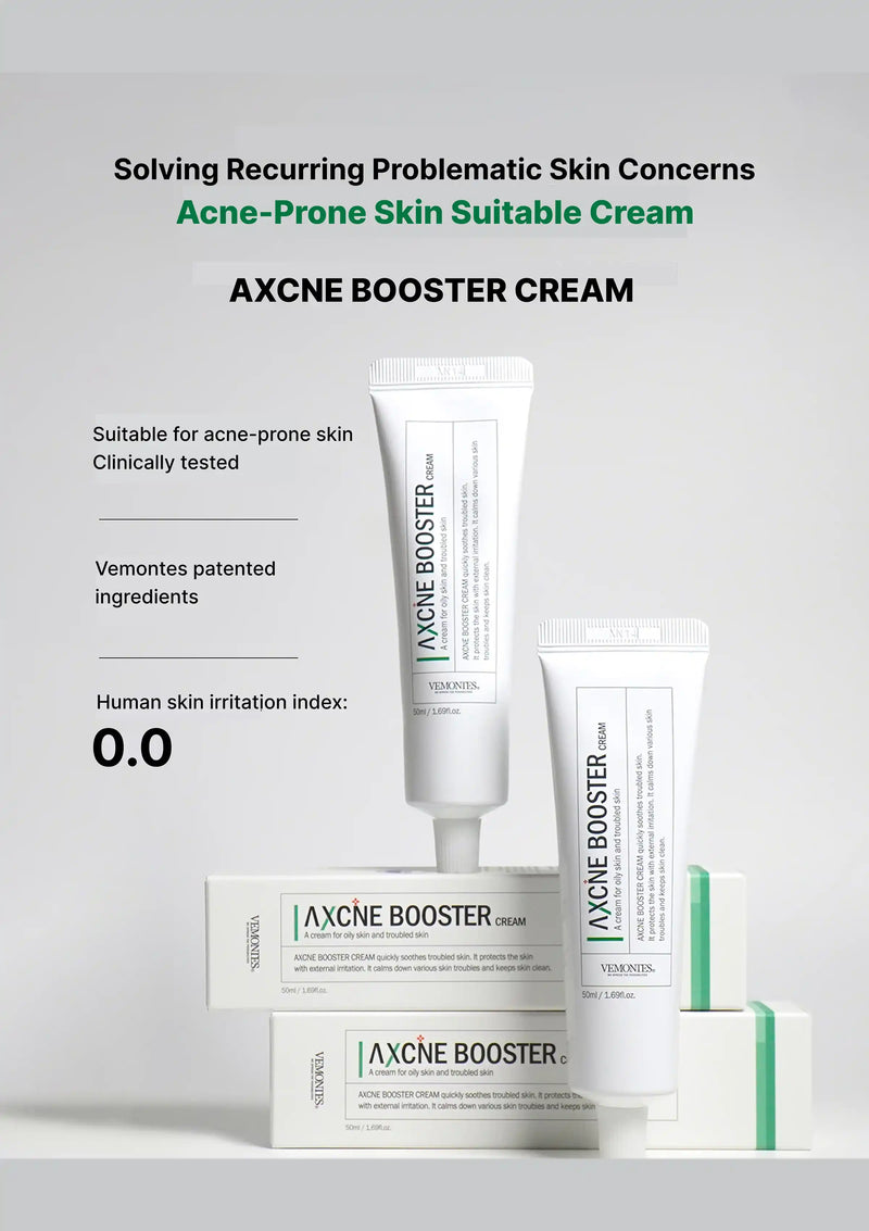 Axcne Booster cream packaging on a gray background with product details.