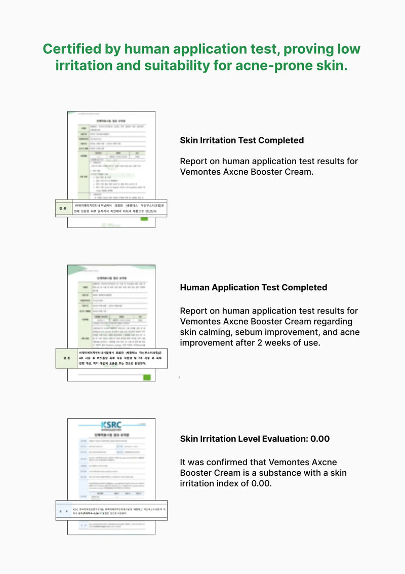Certification report for Vemonites Acne Booster Cream with test results and skin irritation level.