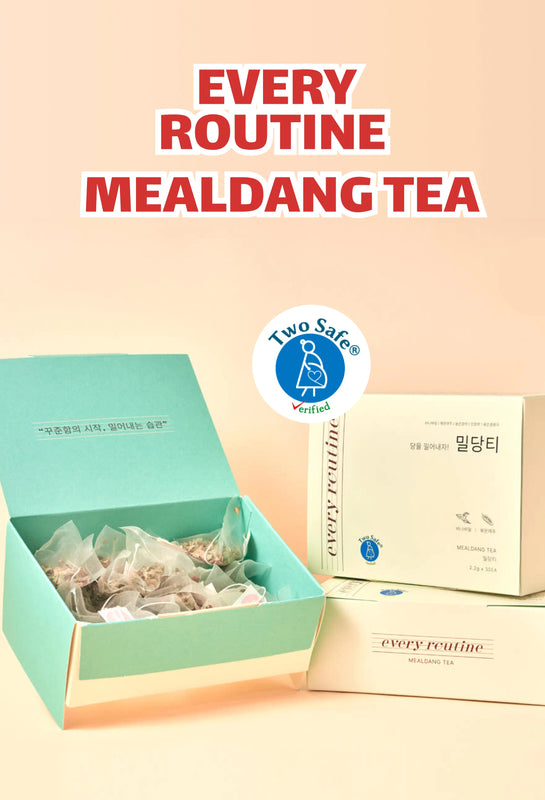 Mealdang Tea packaging with 'Every Routine' branding and Two Safe certification logo on a beige background.