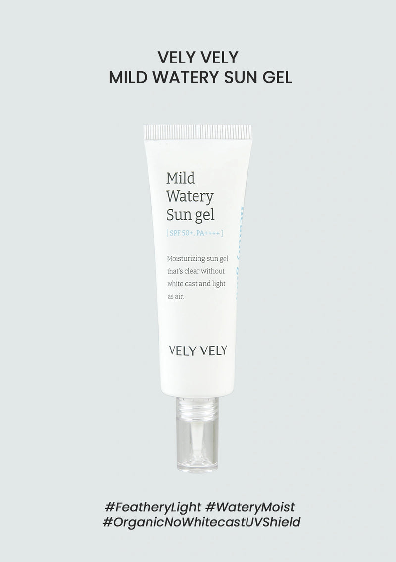 Tube of Vely Vely Mild Watery Sun Gel on a light gray background