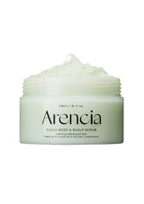 Arencia cloud body & scalp scrub jar with scrub on top on a white background
