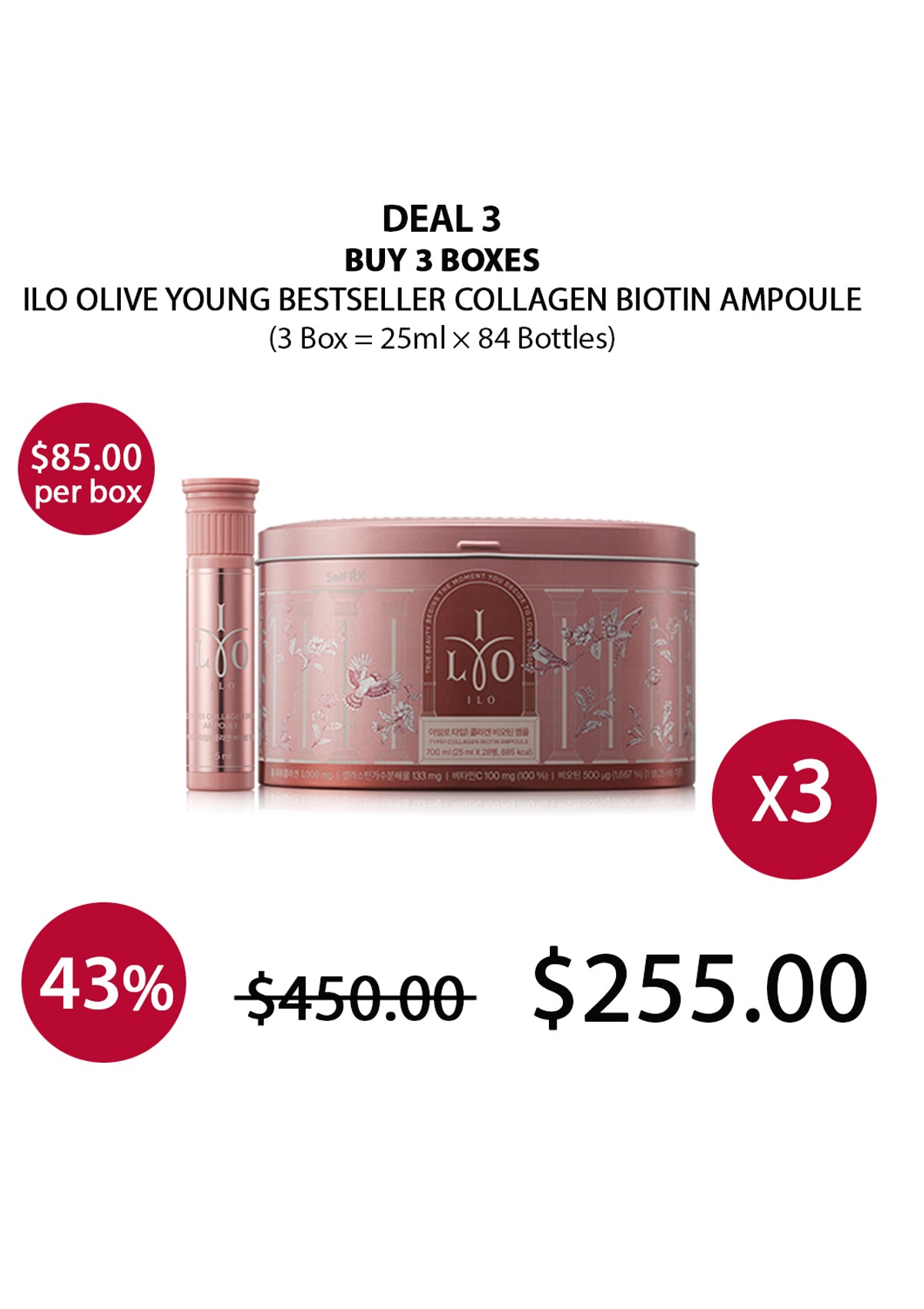 [ILO] Olive Young Bestseller Collagen Biotin Ampoule (1 Box = 25ml × 28  Bottles) (BUY 3 LARGE) 28EA ILO COLLAGEN DRINK = 84 BOTTLES