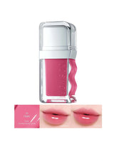 Pink lip gloss with a silver cap on a white background, showing color swatch and application on lips.