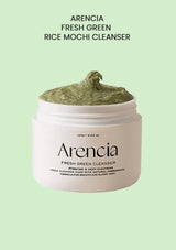 Arencia Fresh Green Rice Mochi Cleanser jar on a light green background