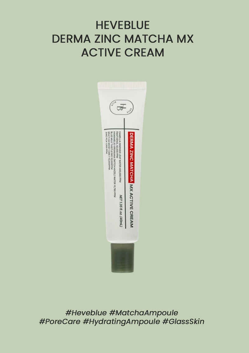 Heveblue Derma Zinc Matcha MX Active Cream tube on a light green background
