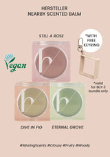 Three scented balm packages with a free keyring offer on a beige background