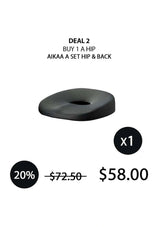 Black hip and back support with promotional text on a white background