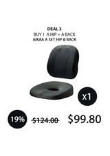 Two black seat cushions with promotional text on a white background