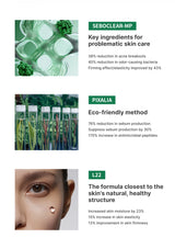 Advertisement for skincare products with text and images of greenery and a person's eye.