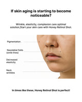 Advertisement for Honey Retinol Shot with a close-up of a person's face showing skin concerns.