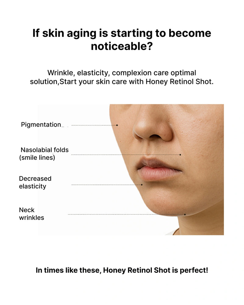 Advertisement for Honey Retinol Shot with a close-up of a person's face showing skin concerns.