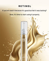 Skincare serum bottle with gold liquid splash on a beige background, featuring the word 'Retinol'.