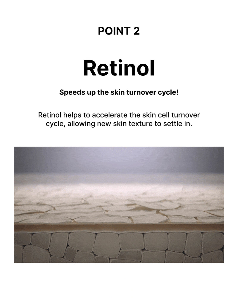 Advertisement for retinol with text about skin turnover cycle on a marble surface.