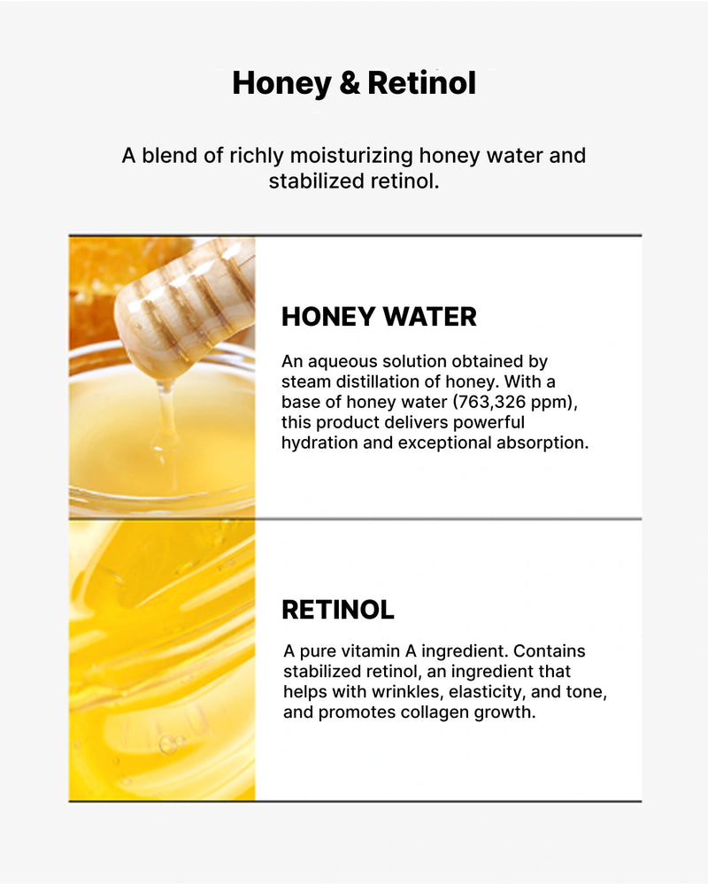 Product description of honey water and retinol blend with text and honey imagery.