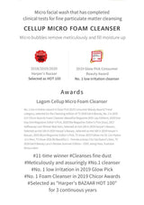 Advertisement for CELLUP Micro Foam Cleanser with product details and awards on a white background